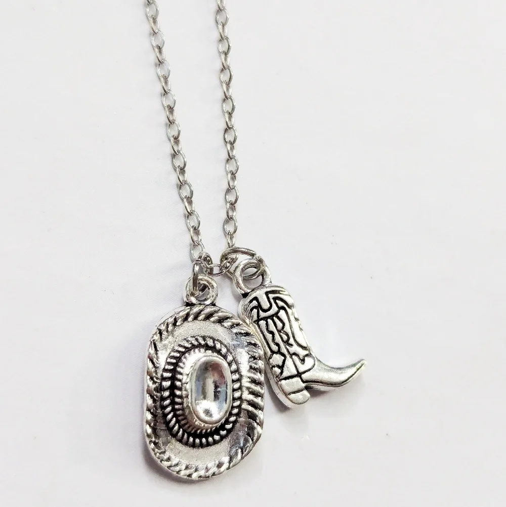 Silver Western Cowboy Hat & Boot Necklace Dainty Coastal Cowgirl Jewelry